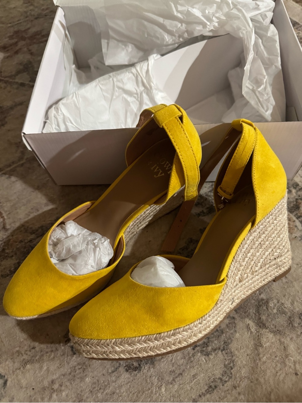 crown & ivy Yellow Suede Espadrille Wedge Sandals with Ankle Strap